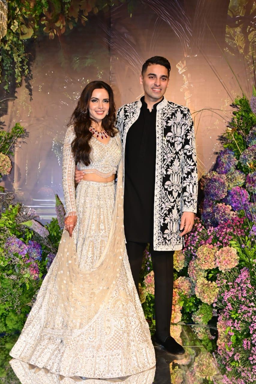 Newlywed couple Shazahn Padamsee and her husband Ashish Kanakia looked stunning as they arrived together for their sangeet night.